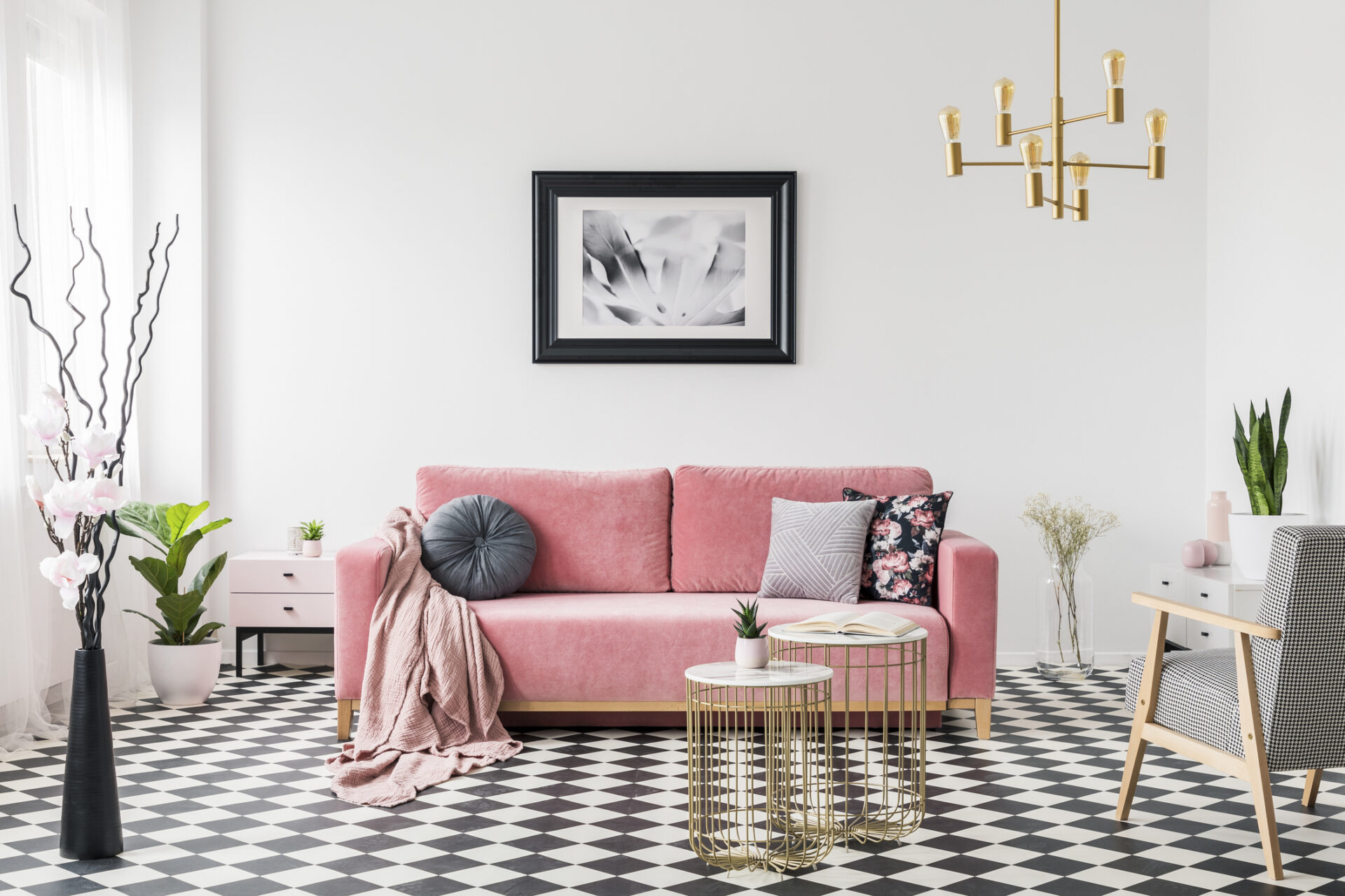 Poster above pink sofa in spacious living room interior with patterned armchair and plants. Real photo