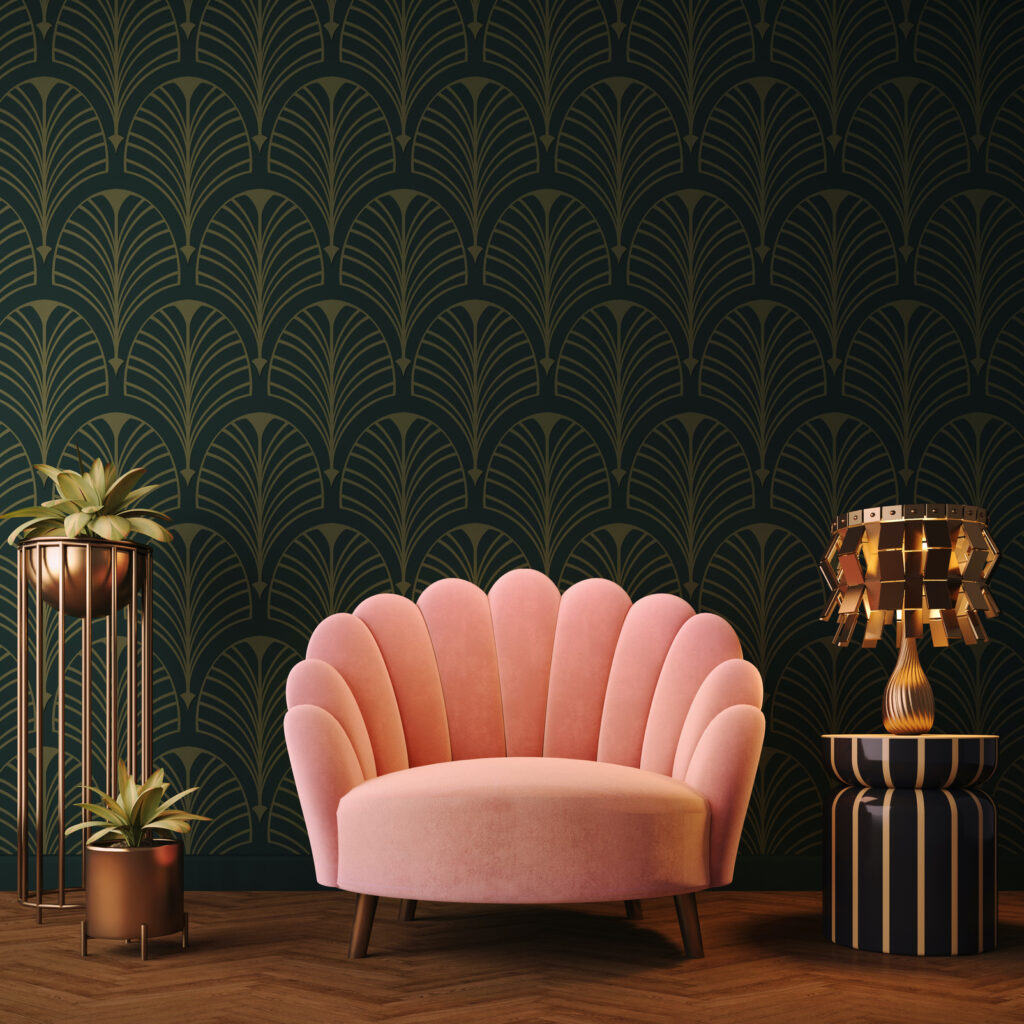 Art Deco interior in classic style with pink armchair plant and lamp.3d rendering