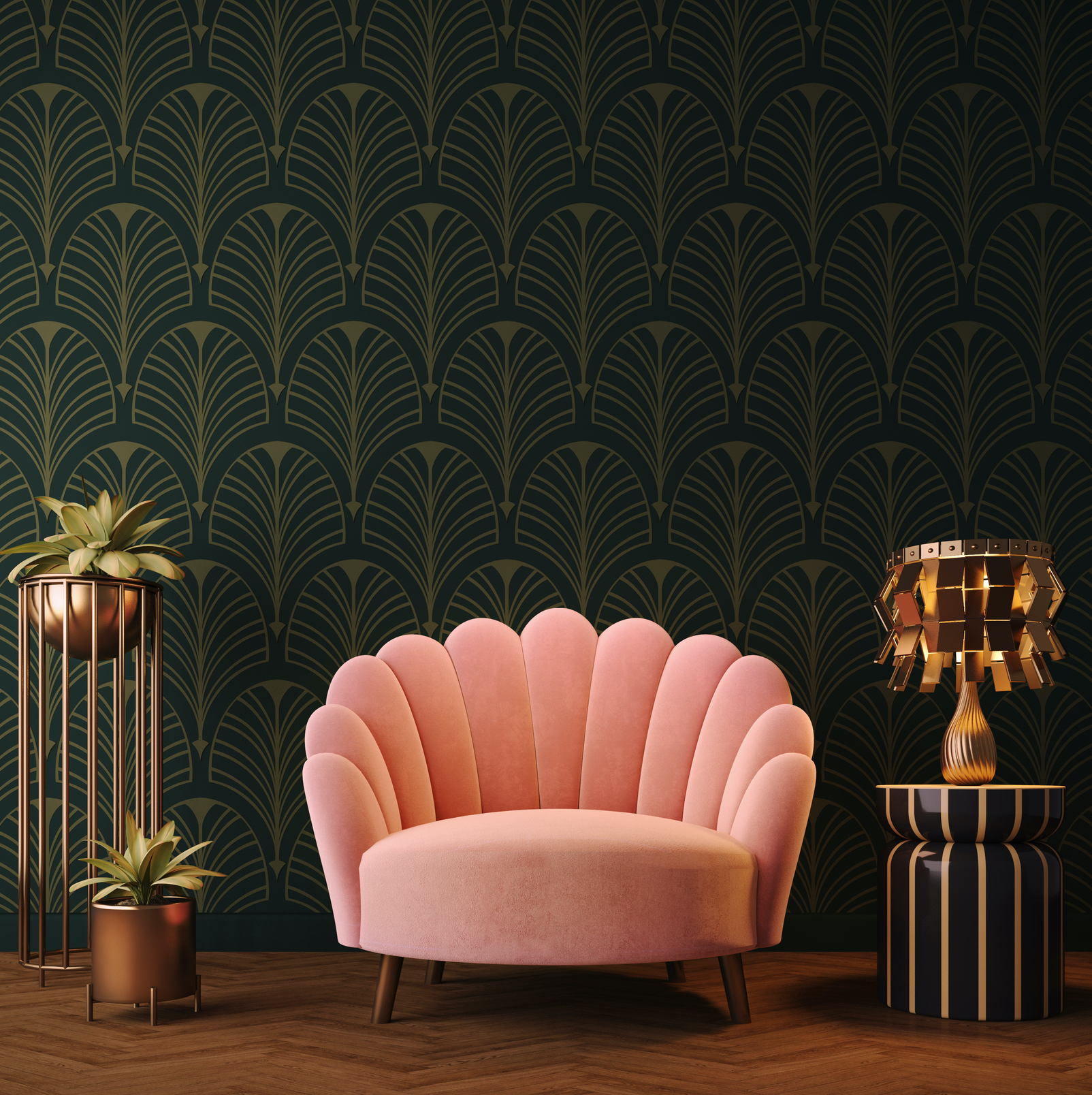 Art Deco interior in classic style with pink armchair plant and lamp.3d rendering