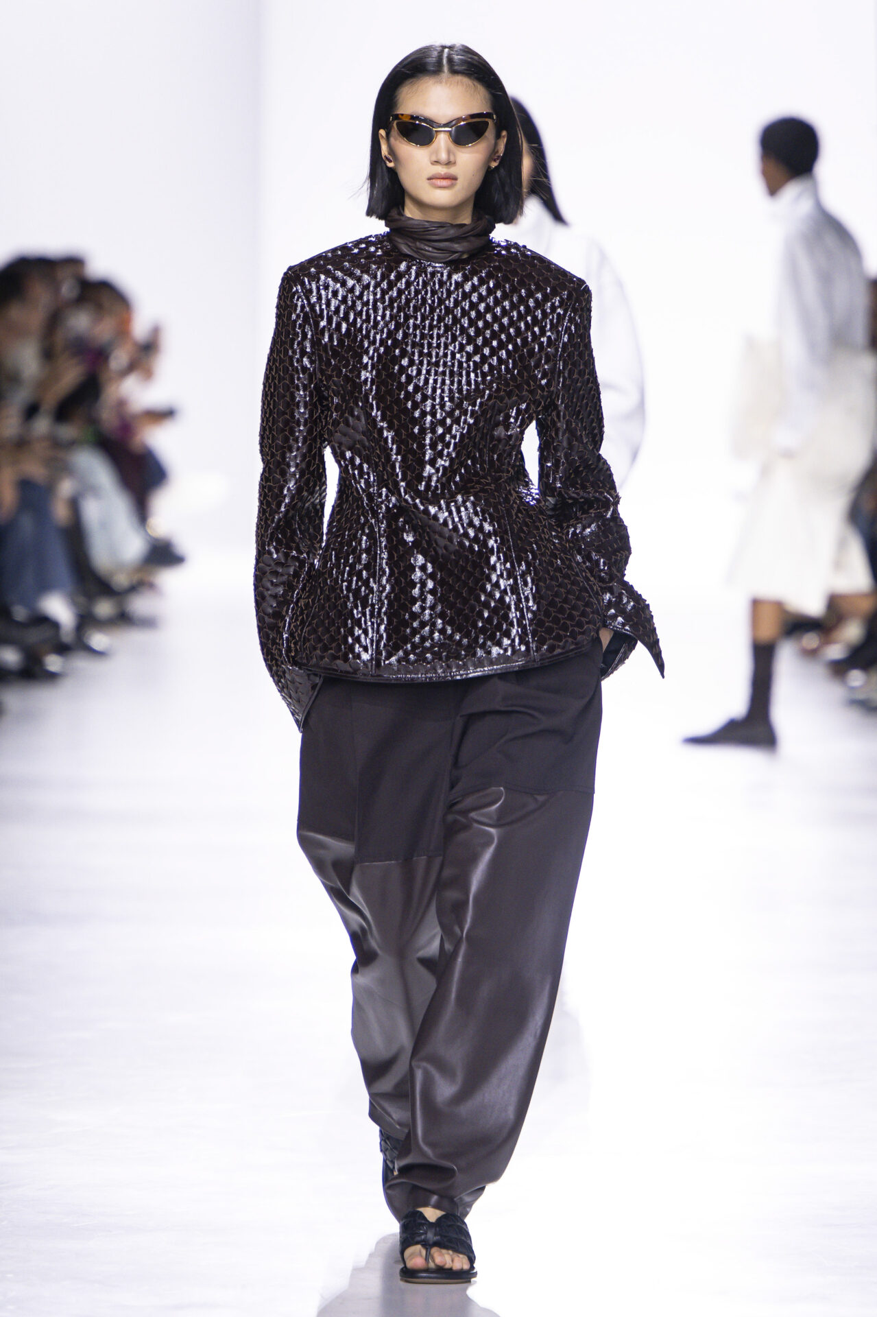 A model walks the runway during the Bottega Veneta Ready to Wear Spring/Summer 2026 fashion show as part of the Milan Fashion Week on September 27, 2025 in Milan, Italy.