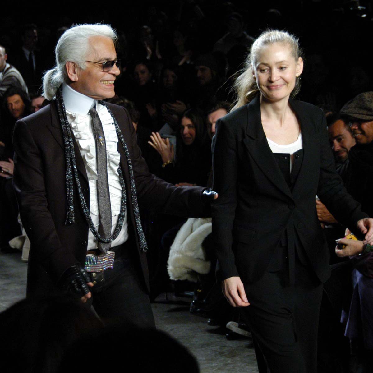 NEW YORK, NY - FEBRUARY 10: Karl Lagerfeld and Melanie Ward attend KARL LAGERFELD Fall 2006 Fashion Show at Cedar Lake on February 10, 2006 in New York.